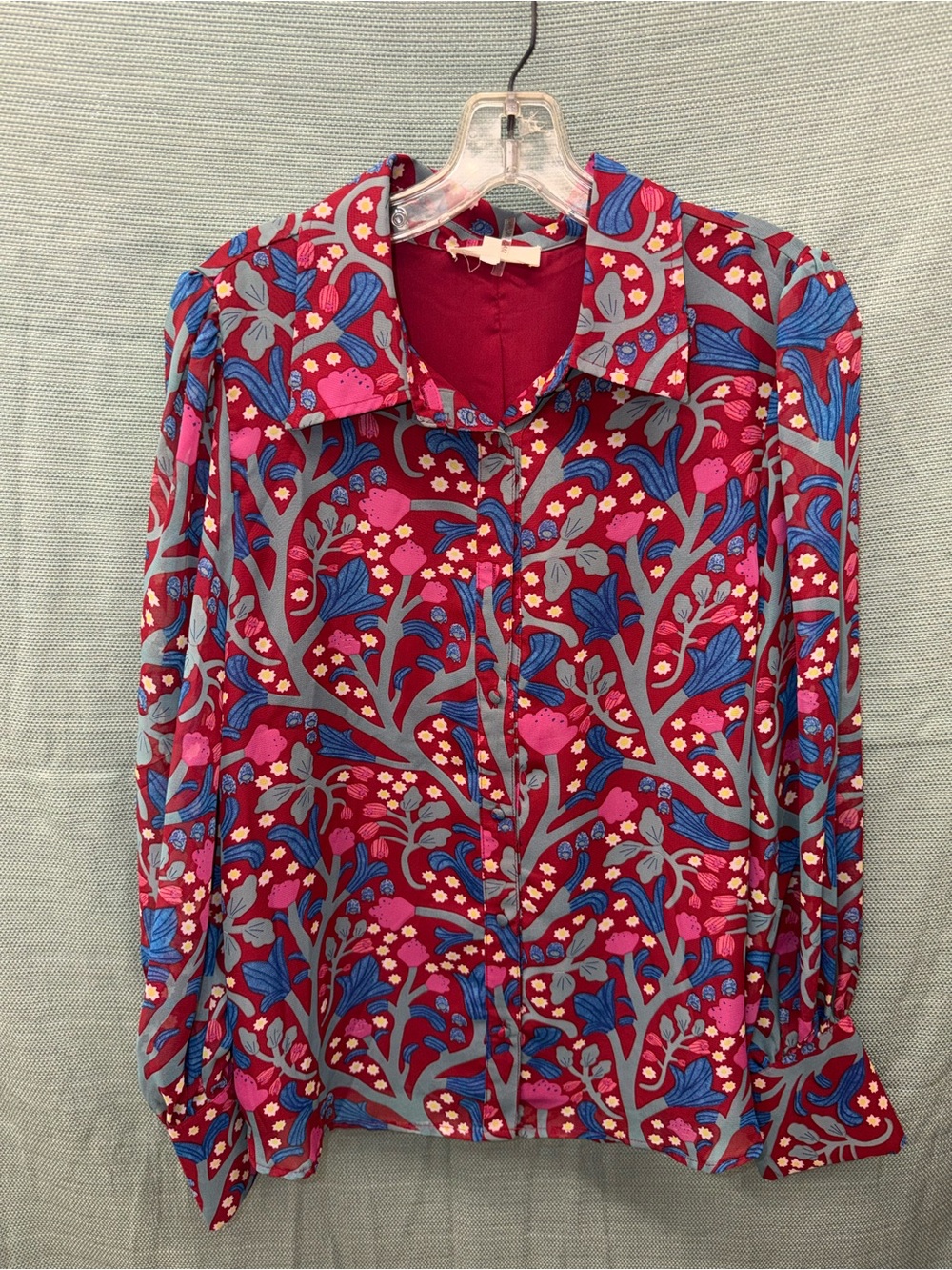 entro Wine Red Floral Button-Front Blouse with Blue & Pink Accents